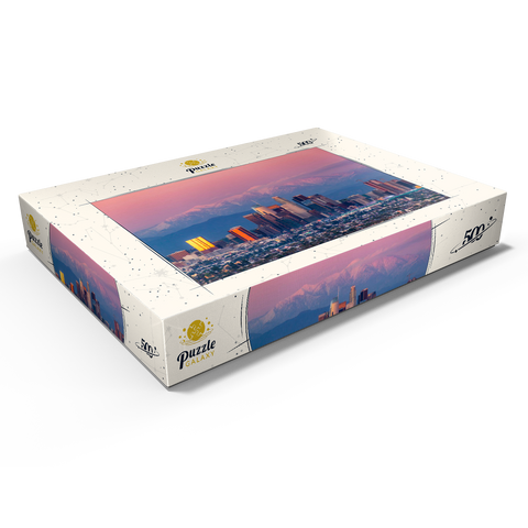 Darstellung des Puzzle Motivs Skyline von Los Angeles bei Sonnenuntergang mit schneebedeckten Bergen Los Angeles Skyline at Sunset with Snowy Mountains 500 Puzzle Schachtel Ansicht1