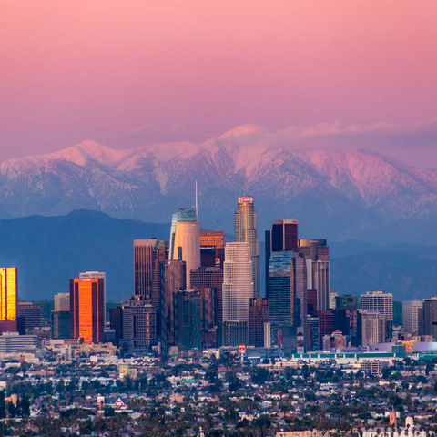 Darstellung des Puzzle Motivs Skyline von Los Angeles bei Sonnenuntergang mit schneebedeckten Bergen Los Angeles Skyline at Sunset with Snowy Mountains 500 Puzzle 3D Modell