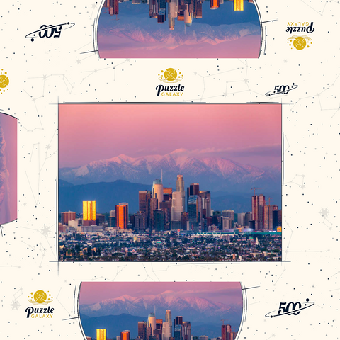 Darstellung des Puzzle Motivs Skyline von Los Angeles bei Sonnenuntergang mit schneebedeckten Bergen Los Angeles Skyline at Sunset with Snowy Mountains 500 Puzzle Schachtel 3D Modell