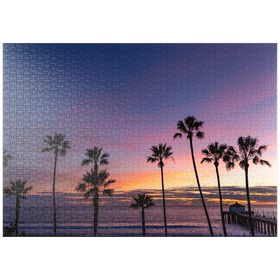 Darstellung des Puzzle-Motivs Manhattan Beach Pier bei Sonnenuntergang mit Palmen-Silhouetten – Puzzleteile: 1000