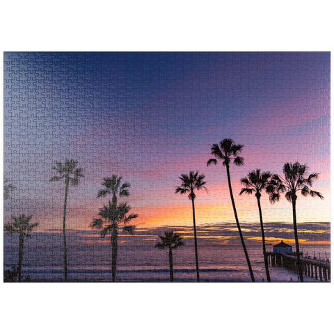 Darstellung des Puzzle Motivs Manhattan Beach Pier bei Sonnenuntergang mit Palmen-Silhouetten puzzleplate Manhattan Beach Pier at Sunset with Palm Silhouettes 1000 Puzzle