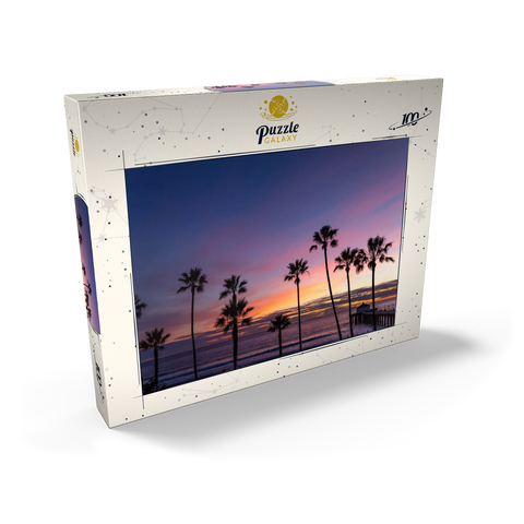 Darstellung des Puzzle Motivs Manhattan Beach Pier bei Sonnenuntergang mit Palmen-Silhouetten Manhattan Beach Pier at Sunset with Palm Silhouettes 100 Puzzle Schachtel Ansicht2