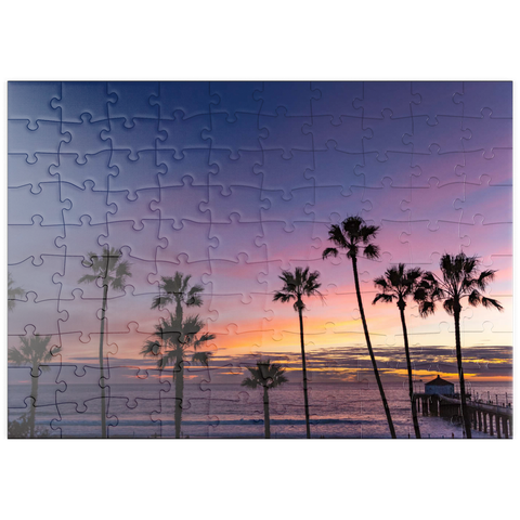 Darstellung des Puzzle Motivs Manhattan Beach Pier bei Sonnenuntergang mit Palmen-Silhouetten puzzleplate Manhattan Beach Pier at Sunset with Palm Silhouettes 100 Puzzle