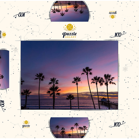 Darstellung des Puzzle Motivs Manhattan Beach Pier bei Sonnenuntergang mit Palmen-Silhouetten Manhattan Beach Pier at Sunset with Palm Silhouettes 100 Puzzle Schachtel 3D Modell