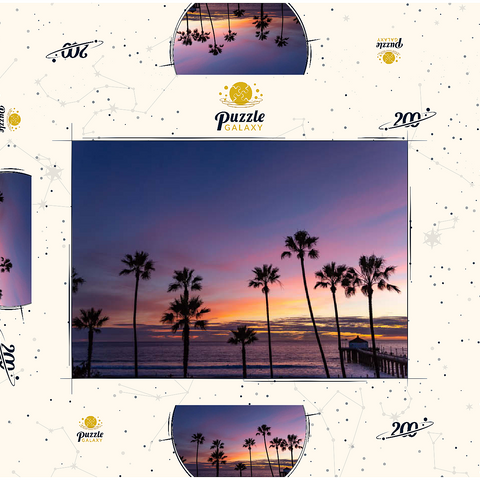 Darstellung des Puzzle Motivs Manhattan Beach Pier bei Sonnenuntergang mit Palmen-Silhouetten Manhattan Beach Pier at Sunset with Palm Silhouettes 200 Puzzle Schachtel 3D Modell