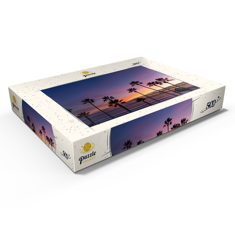 Darstellung des Puzzle Motivs Manhattan Beach Pier bei Sonnenuntergang mit Palmen-Silhouetten Manhattan Beach Pier at Sunset with Palm Silhouettes 500 Puzzle Schachtel Ansicht1