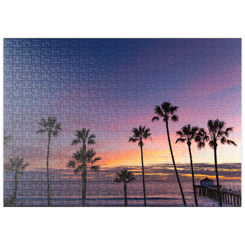 Darstellung des Puzzle Motivs Manhattan Beach Pier bei Sonnenuntergang mit Palmen-Silhouetten puzzleplate Manhattan Beach Pier at Sunset with Palm Silhouettes 500 Puzzle