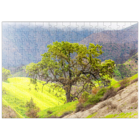 Darstellung des Puzzle Motivs Kalifornische Eiche in den grünen Hügeln im Frühling puzzleplate California Oak Tree in Spring Green Hills 200 Puzzle