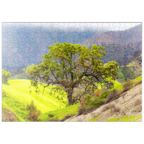 Darstellung des Puzzle Motivs Kalifornische Eiche in den grünen Hügeln im Frühling puzzleplate California Oak Tree in Spring Green Hills 500 Puzzle