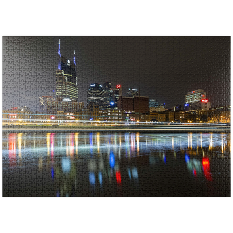 Darstellung des Puzzle Motivs Nashville Skyline bei Nacht – Spiegelungen auf dem Cumberland River puzzleplate Nashville Skyline at Night – Reflections on the Cumberland River 1000 Puzzle