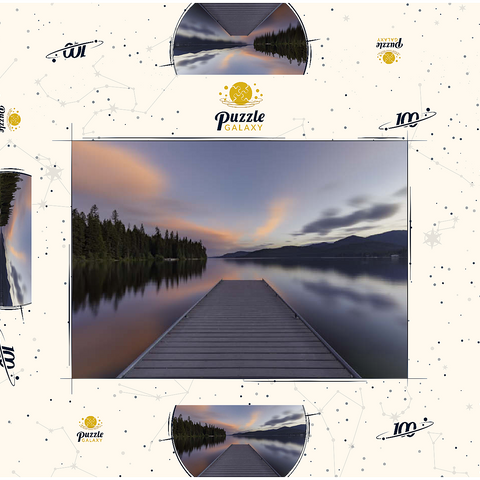 Darstellung des Puzzle Motivs Montana Lake Dock in der Abenddämmerung – Ruhige Waldspiegelungen Montana Lake Dock at Dusk – Serene Forest Reflections 100 Puzzle Schachtel 3D Modell