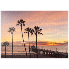 Darstellung des Puzzle-Motivs Manhattan Beach Pier – Sonnenuntergang mit Palmen-Silhouetten – Puzzleteile: 1000