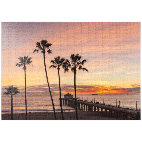 Darstellung des Puzzle Motivs Manhattan Beach Pier – Sonnenuntergang mit Palmen-Silhouetten puzzleplate Manhattan Beach Pier – Sunset with Silhouetted Palms 1000 Puzzle