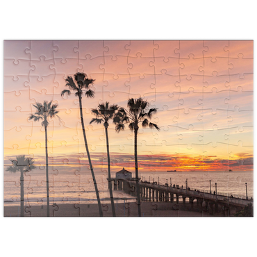 Darstellung des Puzzle Motivs puzzleplate Manhattan Beach Pier – Sunset with Silhouetted Palms 100 Puzzle