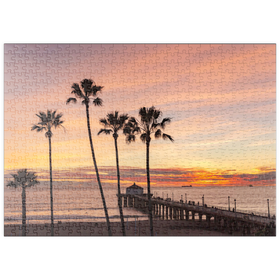 Darstellung des Puzzle Motivs Manhattan Beach Pier – Sonnenuntergang mit Palmen-Silhouetten - Puzzleteile: 500