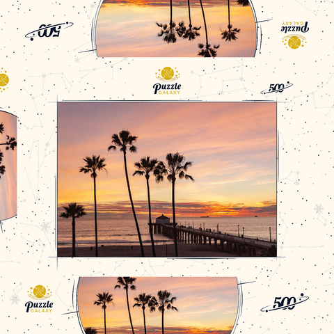 Darstellung des Puzzle Motivs Manhattan Beach Pier – Sonnenuntergang mit Palmen-Silhouetten Manhattan Beach Pier – Sunset with Silhouetted Palms 500 Puzzle Schachtel 3D Modell