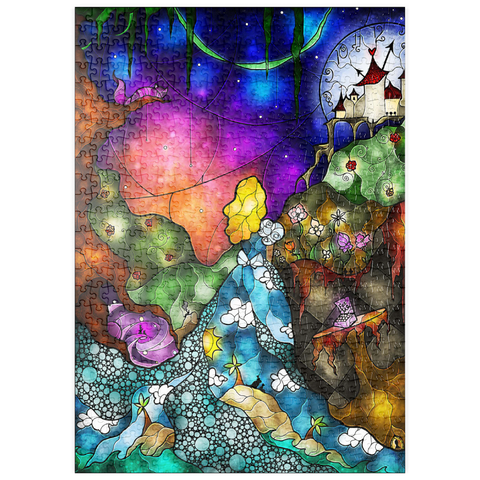 Darstellung des Puzzle Motivs Auf ins Wunderland aus Buntglas - Mandie Manzano puzzleplate Off to Wonderland Stained Glass 500 Puzzle