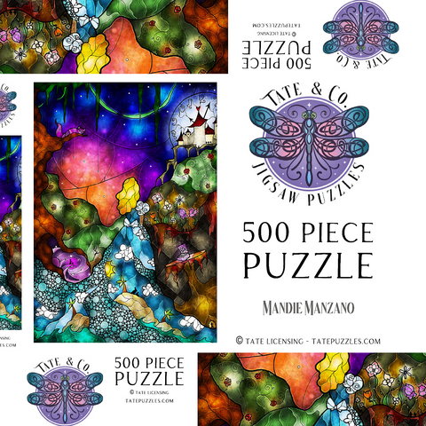 Darstellung des Puzzle Motivs Auf ins Wunderland aus Buntglas - Mandie Manzano Off to Wonderland Stained Glass 500 Puzzle Schachtel 3D Modell