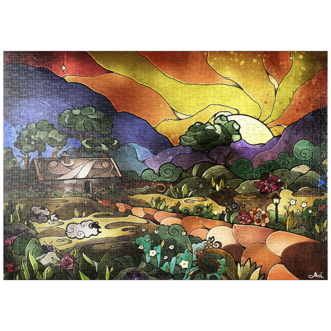 Darstellung des Puzzle Motivs Die Hirtenschaukel aus Buntglas - Mandie Manzano puzzleplate The Shepherds Cottage Stained Glass 1000 Puzzle