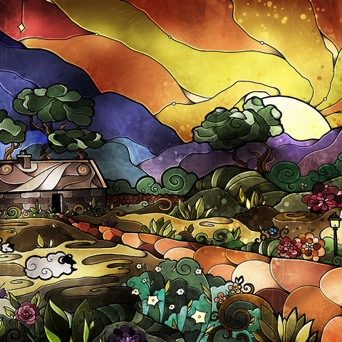 Darstellung des Puzzle Motivs Die Hirtenschaukel aus Buntglas - Mandie Manzano The Shepherds Cottage Stained Glass 1000 Puzzle 3D Modell