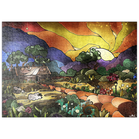 Darstellung des Puzzle Motivs Die Hirtenschaukel aus Buntglas - Mandie Manzano puzzleplate The Shepherds Cottage Stained Glass 500 Puzzle
