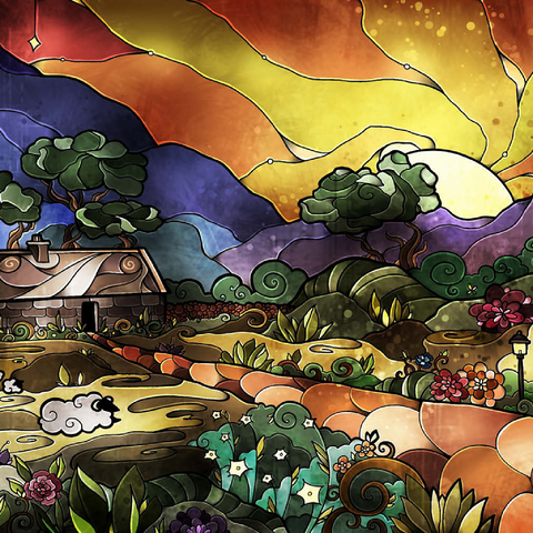 Darstellung des Puzzle Motivs Die Hirtenschaukel aus Buntglas - Mandie Manzano The Shepherds Cottage Stained Glass 500 Puzzle 3D Modell