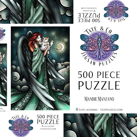 Darstellung des Puzzle Motivs Alle Katzen kommen in den Himmel – Buntglasfenster - Mandie Manzano All Cats Do Go to Heaven Stained Glass 500 Puzzle Schachtel 3D Modell