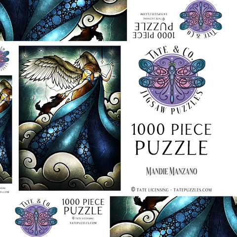 Darstellung des Puzzle Motivs Alle Hunde kommen in den Himmel – Buntglasfenster - Mandie Manzano All Dogs Do Go To Heaven Stained Glass 1000 Puzzle Schachtel 3D Modell