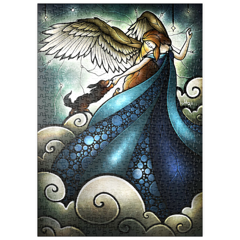 Darstellung des Puzzle Motivs Alle Hunde kommen in den Himmel – Buntglasfenster - Mandie Manzano puzzleplate All Dogs Do Go To Heaven Stained Glass 500 Puzzle
