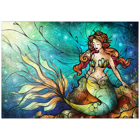 Darstellung des Puzzle Motivs Die ruhige Sirene – Buntglasfenster - Mandie Manzano puzzleplate The Serene Siren Stained Glass 1000 Puzzle