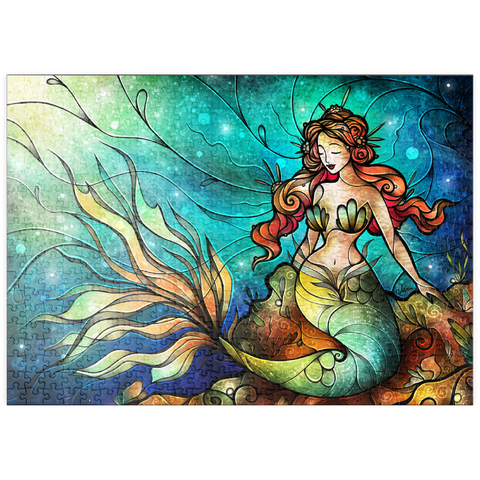 Darstellung des Puzzle Motivs Die ruhige Sirene – Buntglasfenster - Mandie Manzano puzzleplate The Serene Siren Stained Glass 500 Puzzle