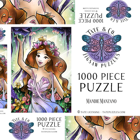 Darstellung des Puzzle Motivs Flora, die Frühlingsfee, Buntglasfenster - Mandie Manzano Flora the Fairy of Spring Stained Glass 1000 Puzzle Schachtel 3D Modell