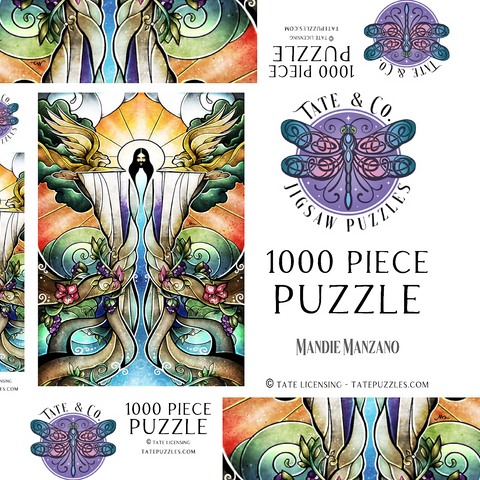 Darstellung des Puzzle Motivs Die Brunnen der Erlösung Buntglass - Mandie Manzano The Wells of Salvation Stained Glass 1000 Puzzle Schachtel 3D Modell