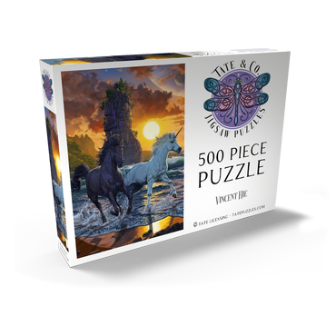 Darstellung des Puzzle Motivs Unicorns in Sunset - Vincent Hie 500 Puzzle Schachtel Ansicht2