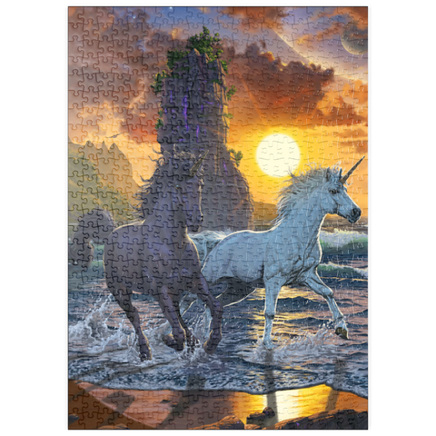 Darstellung des Puzzle Motivs Einhörner im Sonnenuntergang - Vincent Hie puzzleplate Unicorns in Sunset - Vincent Hie 500 Puzzle