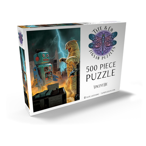 Darstellung des Puzzle Motivs Catzilla Vs Robot Movie Cats- Vincent Hie Catzilla Vs Robot Movie Cats- Vincent Hie 500 Puzzle Schachtel Ansicht2