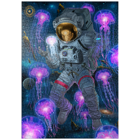 Darstellung des Puzzle Motivs Kosmische Begegnung Weltraumqualle Astronaut - Vincent Hie - Puzzleteile: 1000