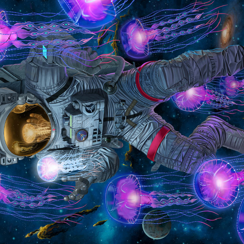 Darstellung des Puzzle Motivs Kosmische Begegnung Weltraumqualle Astronaut - Vincent Hie Cosmic Encounter Space Jellyfish Astronaut - Vincent Hie 1000 Puzzle 3D Modell