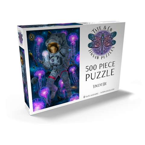 Darstellung des Puzzle Motivs Kosmische Begegnung Weltraumqualle Astronaut - Vincent Hie Cosmic Encounter Space Jellyfish Astronaut - Vincent Hie 500 Puzzle Schachtel Ansicht2