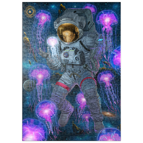 Darstellung des Puzzle Motivs Kosmische Begegnung Weltraumqualle Astronaut - Vincent Hie puzzleplate Cosmic Encounter Space Jellyfish Astronaut - Vincent Hie 500 Puzzle