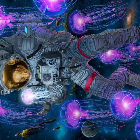 Darstellung des Puzzle Motivs Kosmische Begegnung Weltraumqualle Astronaut - Vincent Hie Cosmic Encounter Space Jellyfish Astronaut - Vincent Hie 500 Puzzle 3D Modell