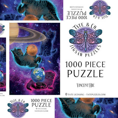 Darstellung des Puzzle Motivs Kosmische Kätzchen im Weltraum - Vincent Hie Cosmic Kittens Space - Vincent Hie 1000 Puzzle Schachtel 3D Modell