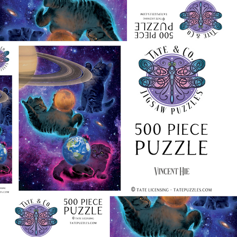 Darstellung des Puzzle Motivs Kosmische Kätzchen im Weltraum - Vincent Hie Cosmic Kittens Space - Vincent Hie 500 Puzzle Schachtel 3D Modell