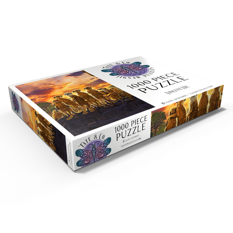 Darstellung des Puzzle Motivs Meerkatzenfamilie bei Sonnenuntergang - Vincent Hie Meerkat Family Sunset - Vincent Hie 1000 Puzzle Schachtel Ansicht1