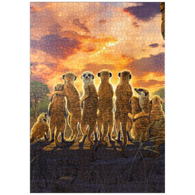 Darstellung des Puzzle Motivs Meerkatzenfamilie bei Sonnenuntergang - Vincent Hie - Puzzleteile: 1000