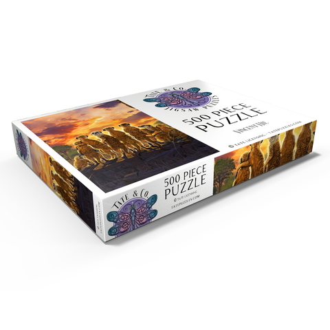 Darstellung des Puzzle Motivs Meerkatzenfamilie bei Sonnenuntergang - Vincent Hie Meerkat Family Sunset - Vincent Hie 500 Puzzle Schachtel Ansicht1