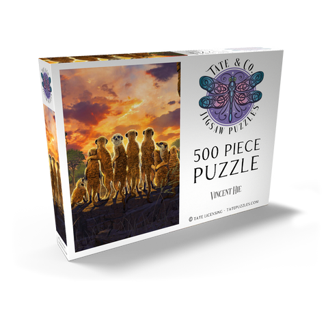 Darstellung des Puzzle Motivs Meerkatzenfamilie bei Sonnenuntergang - Vincent Hie Meerkat Family Sunset - Vincent Hie 500 Puzzle Schachtel Ansicht2