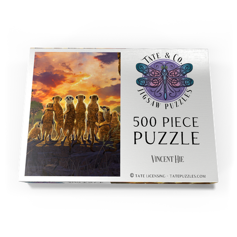 Darstellung des Puzzle Motivs Meerkatzenfamilie bei Sonnenuntergang - Vincent Hie Meerkat Family Sunset - Vincent Hie 500 Puzzle Schachtel Ansicht3