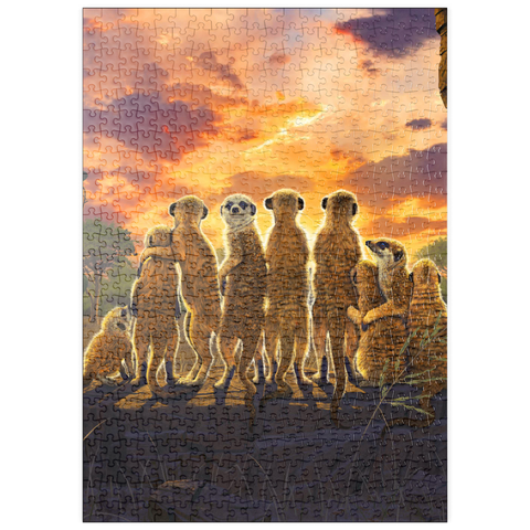Darstellung des Puzzle Motivs Meerkatzenfamilie bei Sonnenuntergang - Vincent Hie puzzleplate Meerkat Family Sunset - Vincent Hie 500 Puzzle