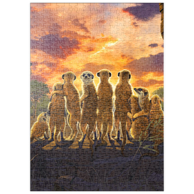 Darstellung des Puzzle Motivs Meerkatzenfamilie bei Sonnenuntergang - Vincent Hie - Puzzleteile: 500
